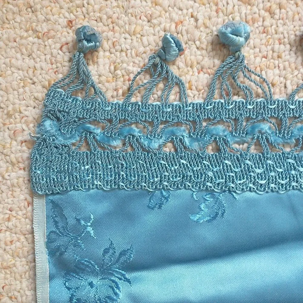 Vtg Italian Bedspread Coverlet Blue Satin Damask Roses TasselS 95x95*READ
